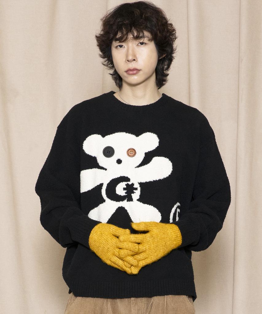 GLACK Gnt073 Button Bear Boucle Pullover Knit (Black)