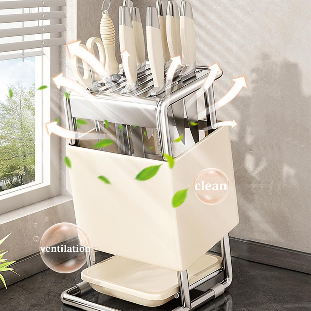 Knife Holder and Utensil Holder Stainless-Steel,Knife Storage with Slots for Scissors,Sharpening Rod,Stable Knife Organizer