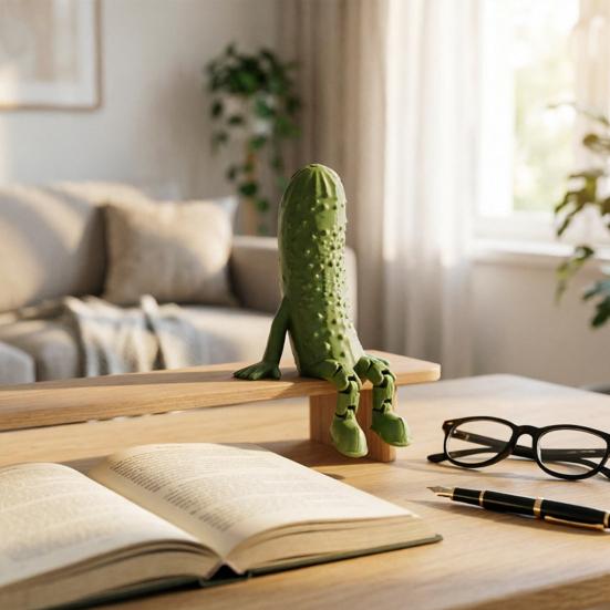 3D Printed Pickle Cucumber Statue Funny Hinged Cucumber Vegetable Desktop Ornament with Movable Joints Stress Relief Toy for Home Office Executive