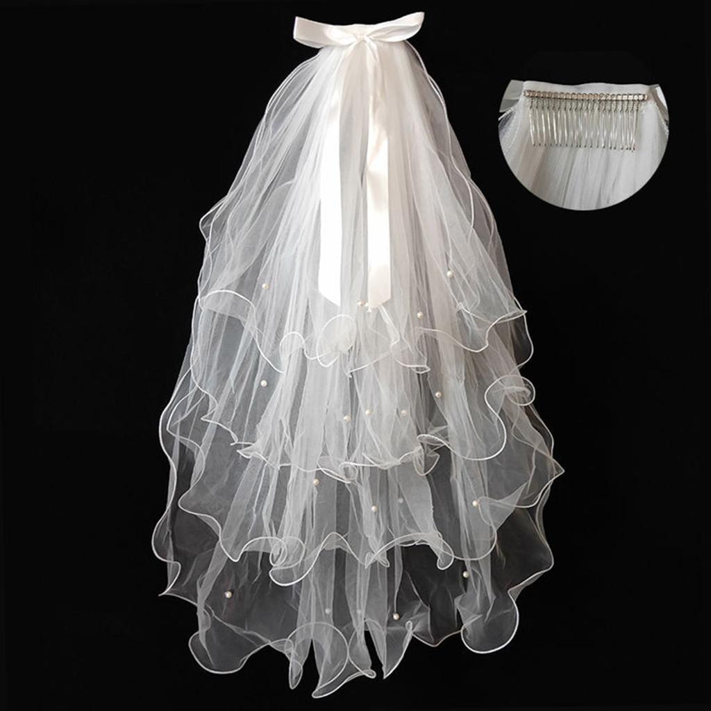 Voile de mariée en dentelle pour femme, voile de mariage en tulle superposé avec perles/nœud papillon pour fête de mariage