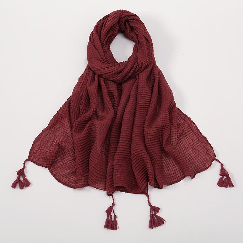 Crinkle Pleated Cotton Hijabs With Tassels Muslim Long Shawls Soft Headscarf Wraps Foulard Islam Turban Headband Solid Bandana