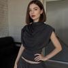 C25TP449 Women's Solid Color Sleeveless Slim Fit High Neck Draped Top