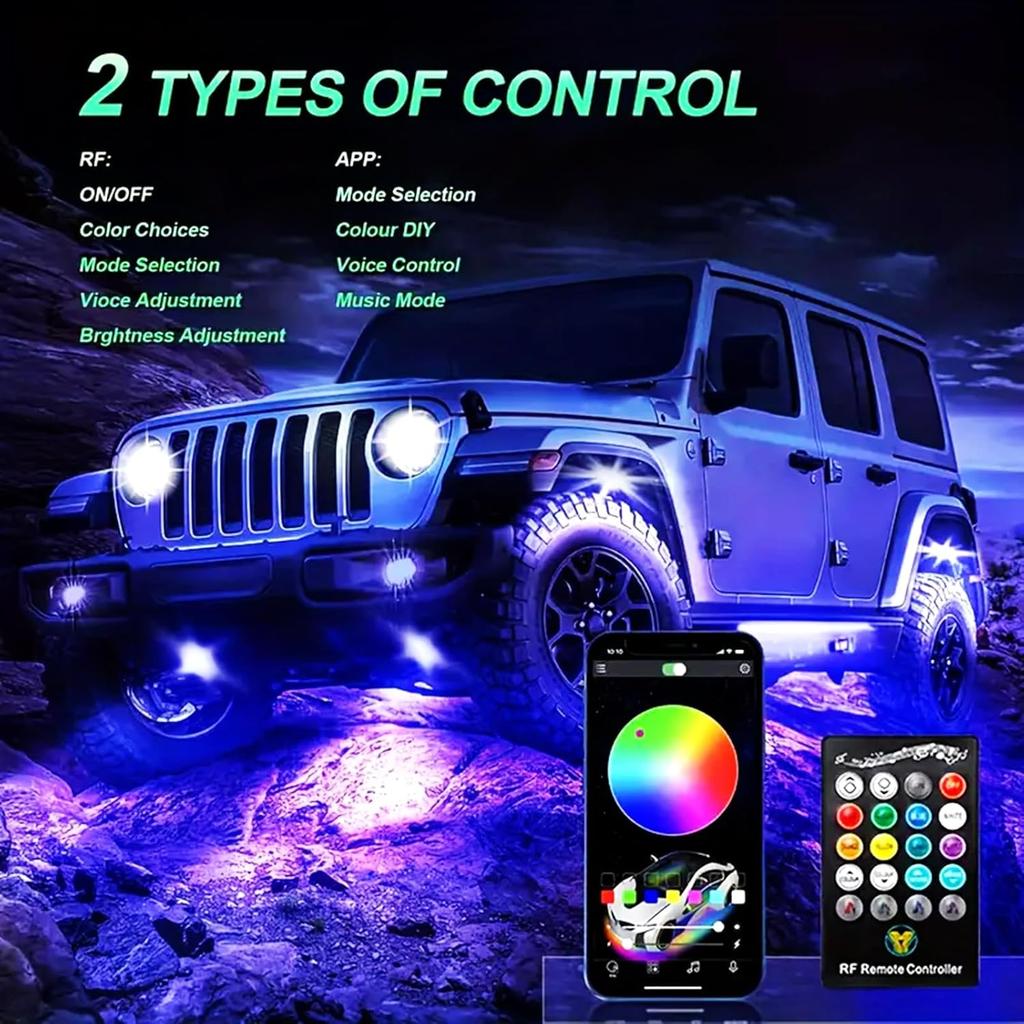 RGB Rock Lights, 8 Pods 36 LEDs SMD Chips Super Bright App Control Underglow Neon Light Exterior Chassis Wheel Well Glow Kit For Off Road Cars Trucks