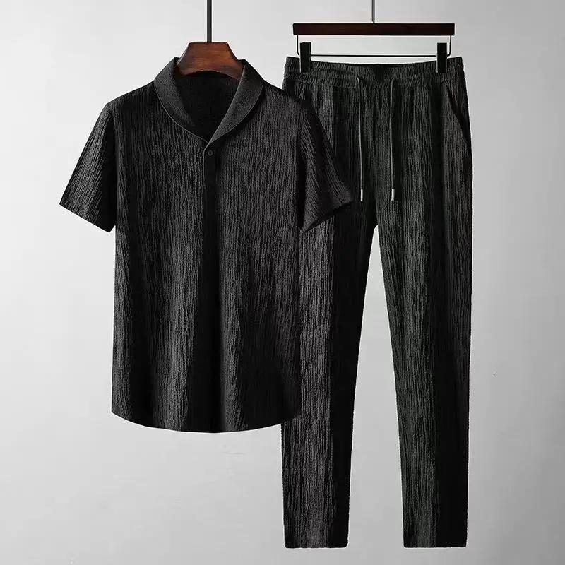 Summer Fashionable Trendy Men's 2-Piece Set Casual Sports Suit Shawl Collar White Short Sleeve T-Shirt
