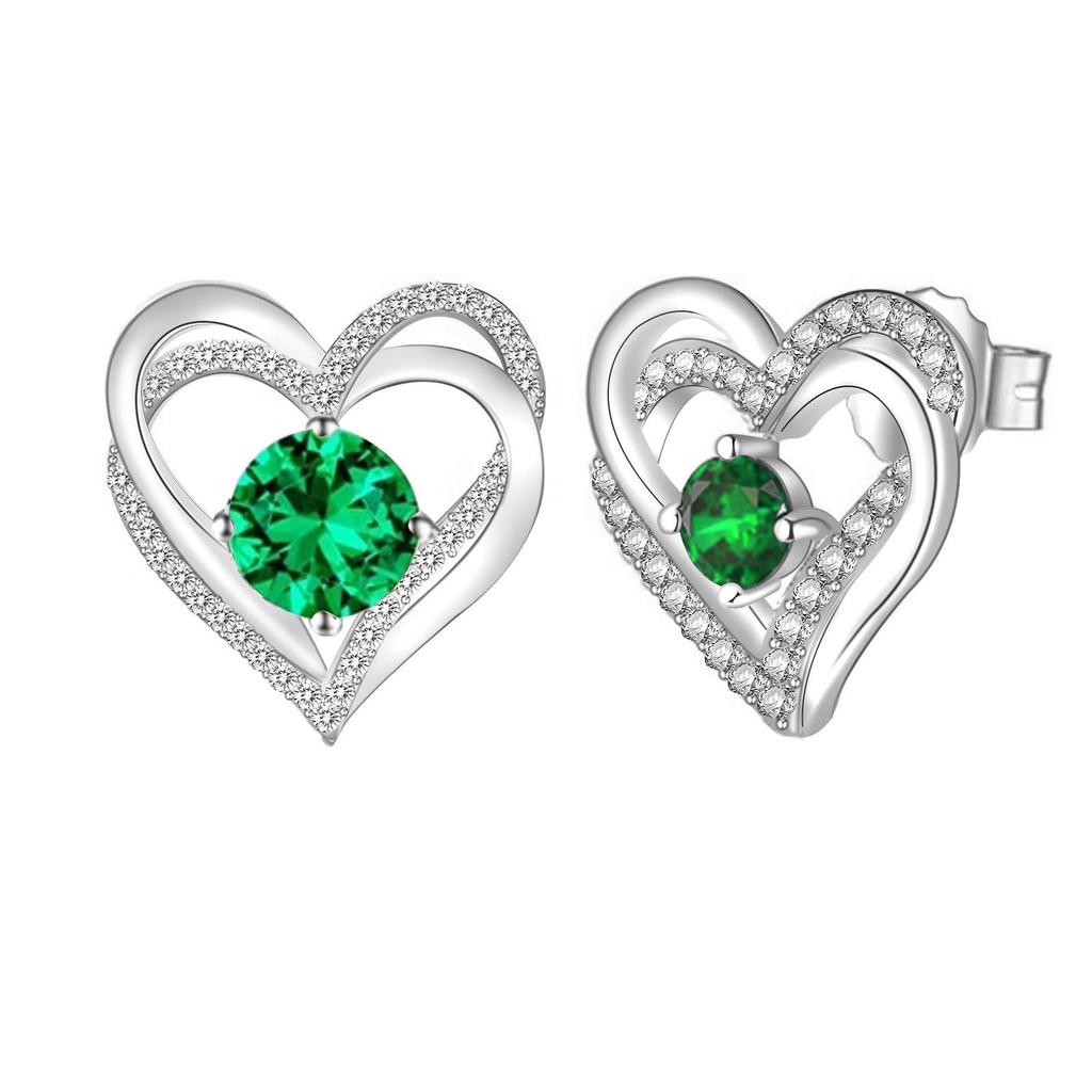 Multicolor Birthstone Ear Studs Heart Stud Earrings Birthday Gift For Women & Girls
