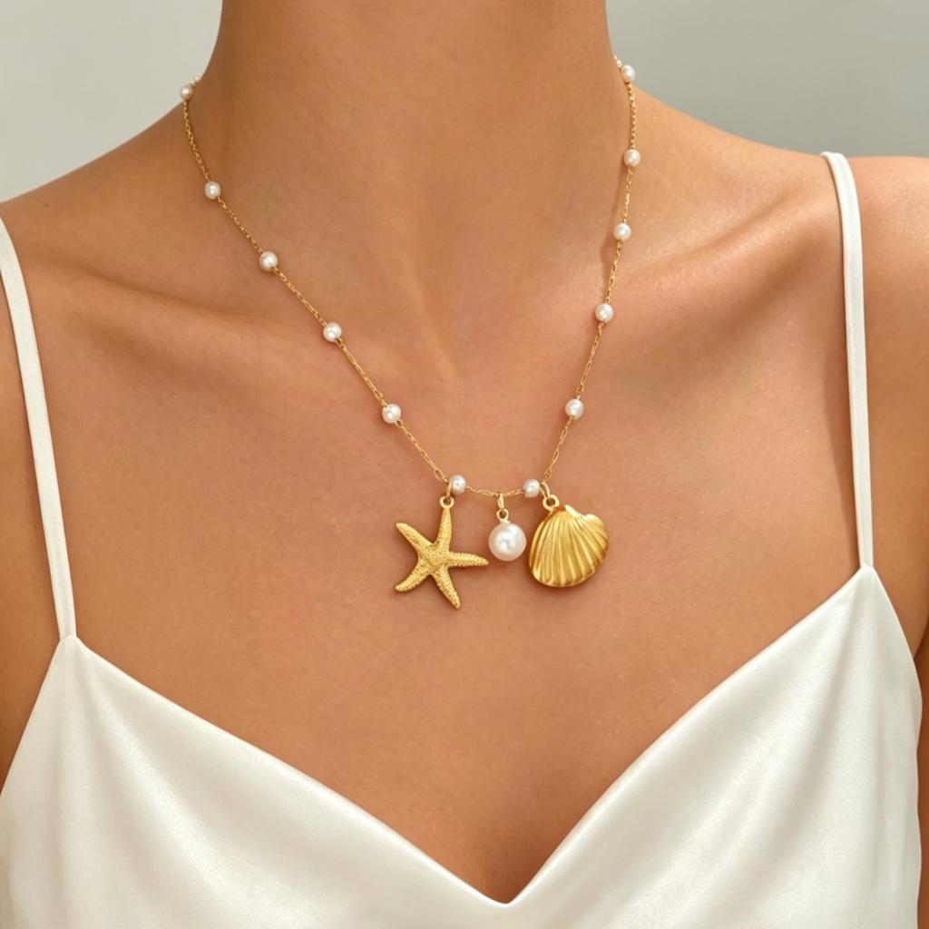 European and American style stainless steel marine element women's necklace, sea shell starfish personality stacked collarbone chain women