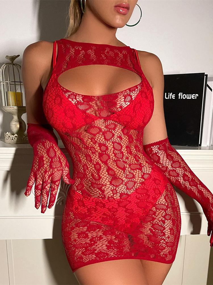 Female Fashion Short Skirt Night Club Party Wear Ladies Sexy Mesh Hollow Transparent Bodycon Dress Erotic Tight Lingerie Costume