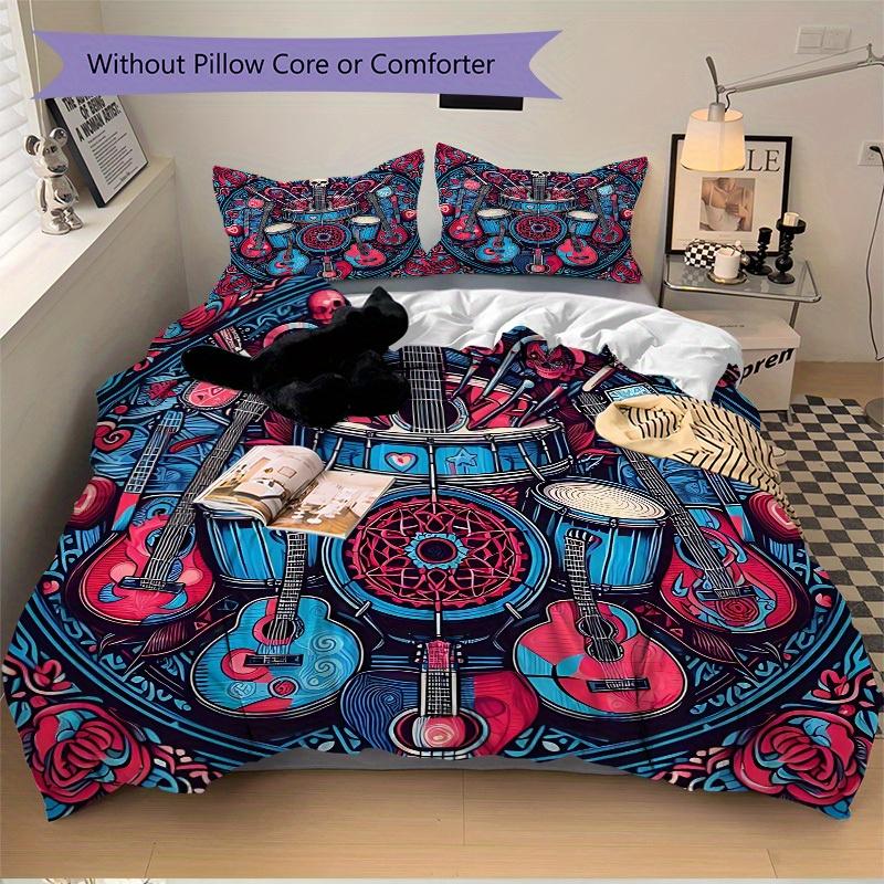 3pcs Guitars Roses Bedding Cover Set, Fashion Classic Popular Print Bedding Set, Soft Comfortable, All Season Use, For Bedroom, Guest Rooma0819128