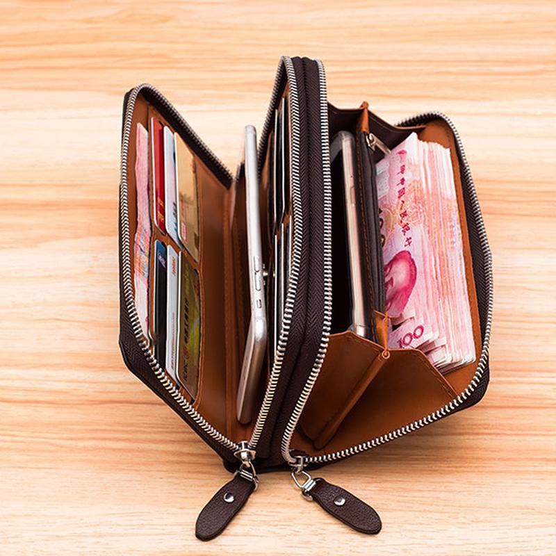 Multi Slot Men'S Handbag Mens Wallet Long Purse Leather Double Zipper Large Capacity Business Handbag Card Case Gift For Men
