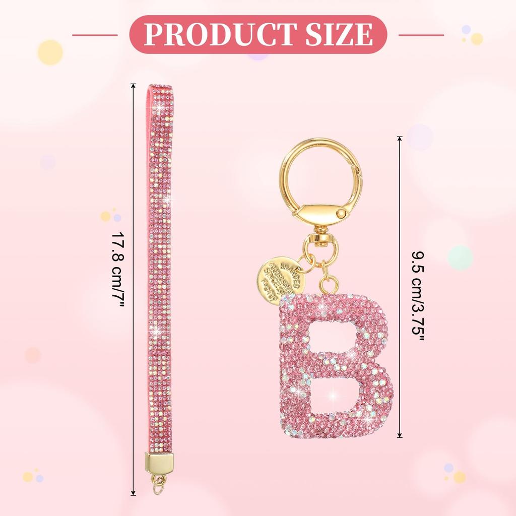 uxcell Women's Initial Letter B Keychain with Heart Rhinestones, Decorative BagCar Key Accessory, Pink