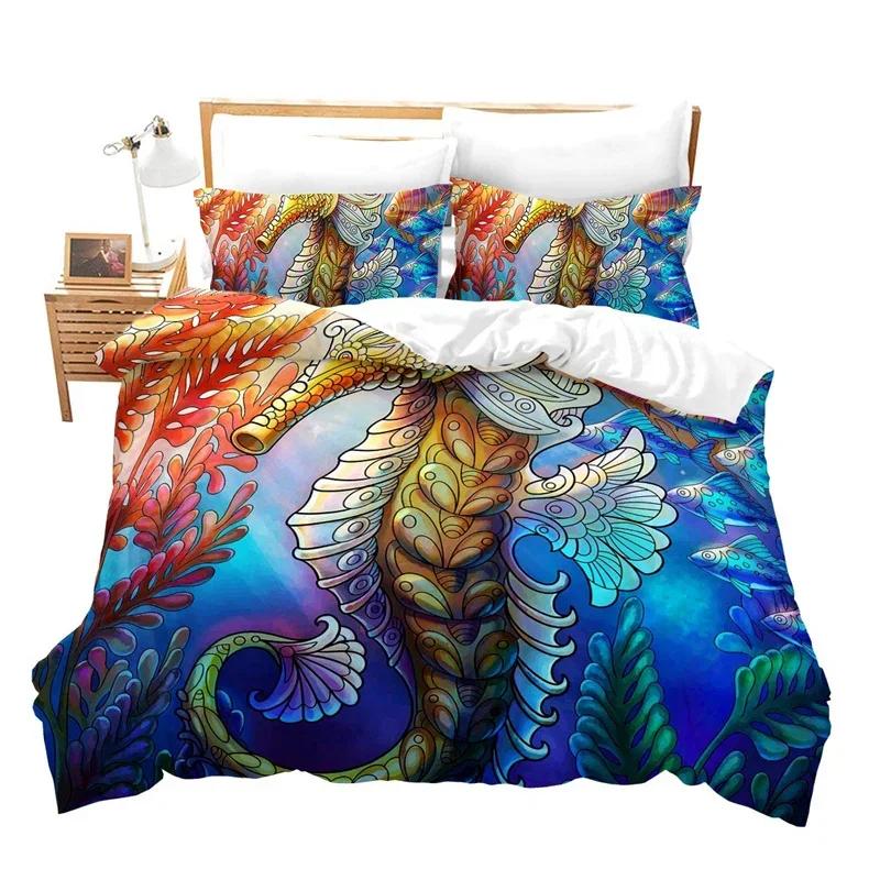 

Постельный комплект Ocean King/Queen Size Морской Прибрежный Постельные принадлежности,Пододеяльник с морским коньком для мальчиков и девочек,Пододеяльник с морскими животными 70x133cm