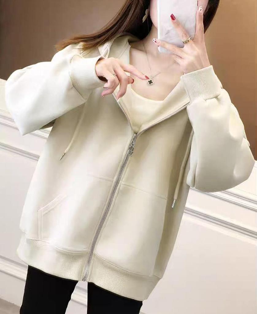 Long Loose Solid Plus Sizes [JHIJSC] Women's Fall/Winter Hoodie, Sleeve, Fleece-Lined, Fit, Zip-Up, Color, Cute, Stylish, (JP, Alphabet, XL, Beige)