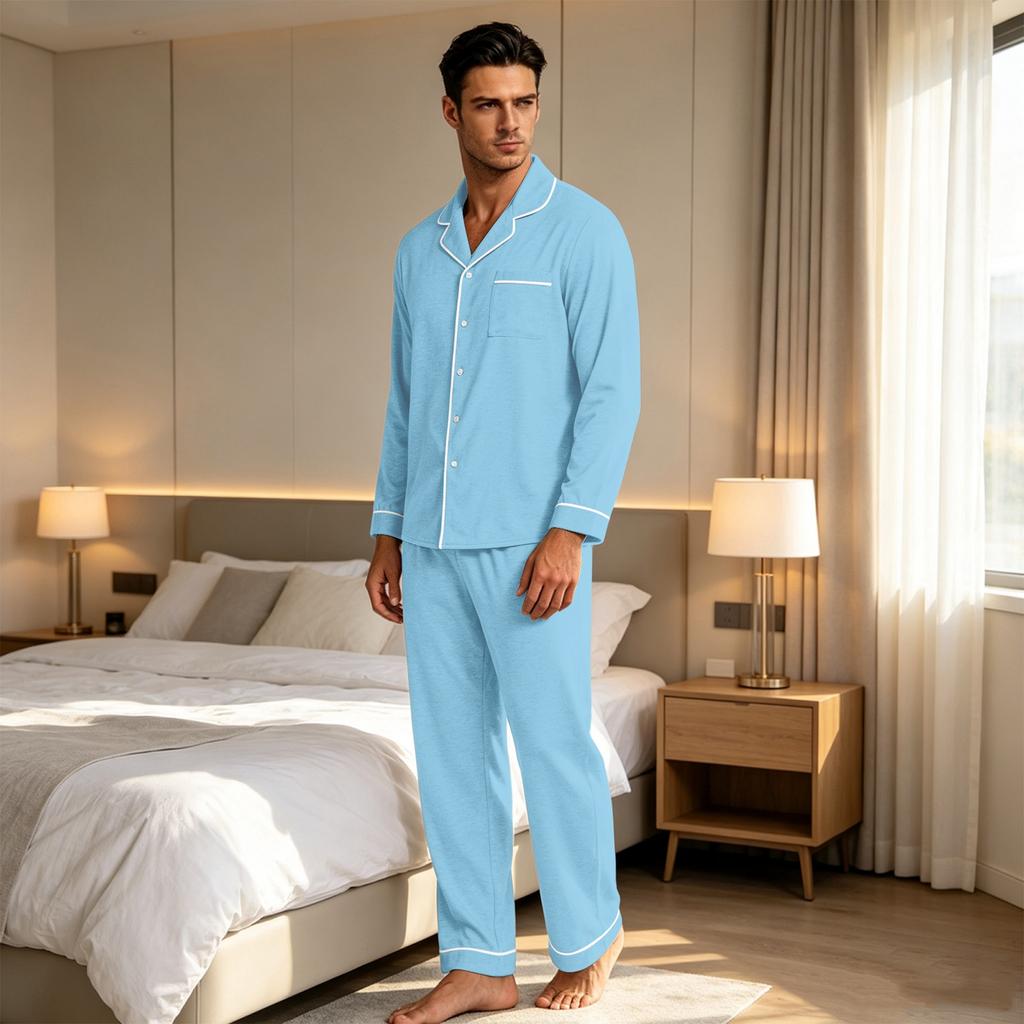 Herren Casual Farb-Pyjama-Set mit durchgeknöpftem Hemd und gerader Hose - Zweiteilige bequeme Nachtwäsche