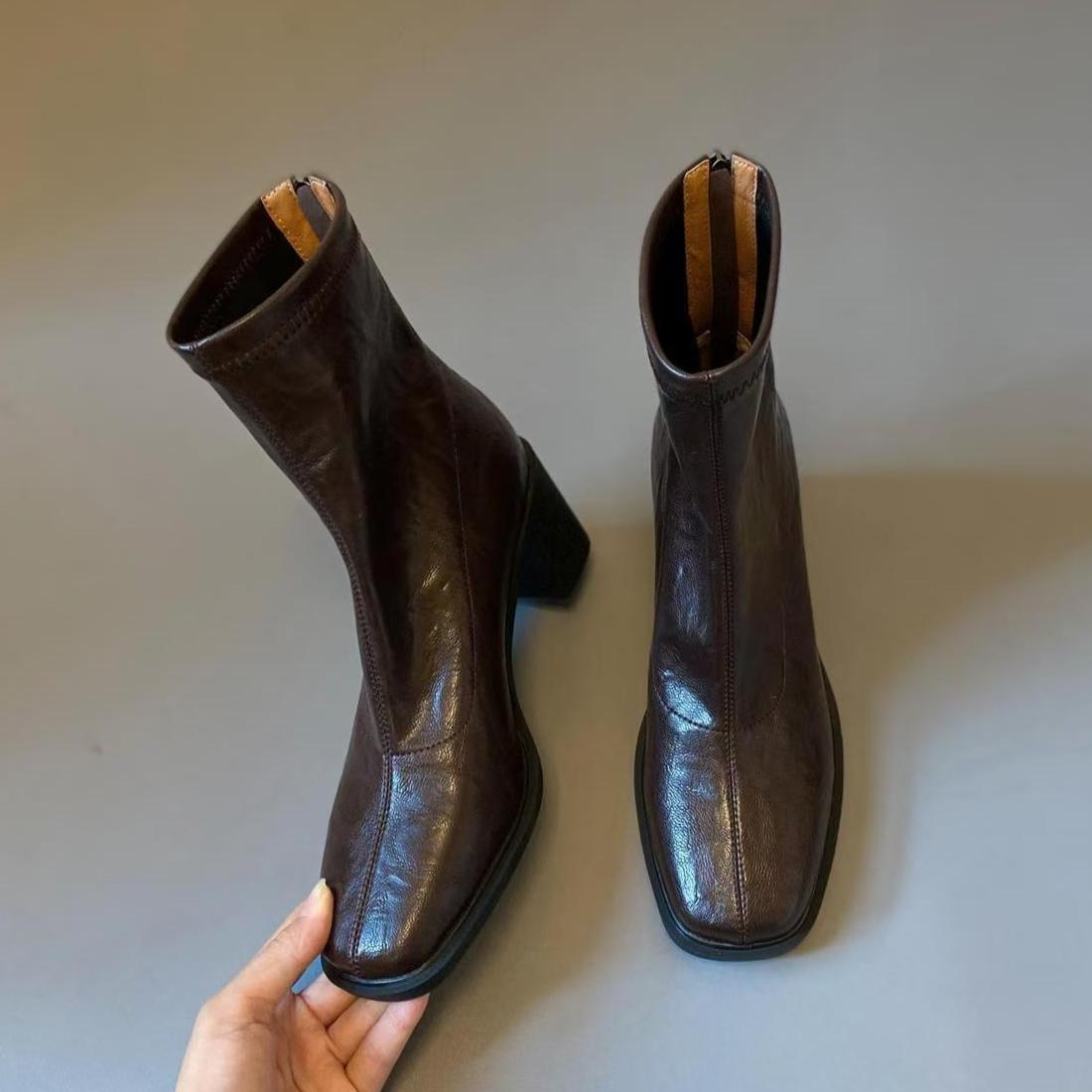 

Женские ботильоны на высоком каблуке, модные туфли из мягкой кожи с квадратным носком, зимняя модная офисная обувь, элегантные туфли-лодочки для вечеринок, Botas Mujer 40 коричневый