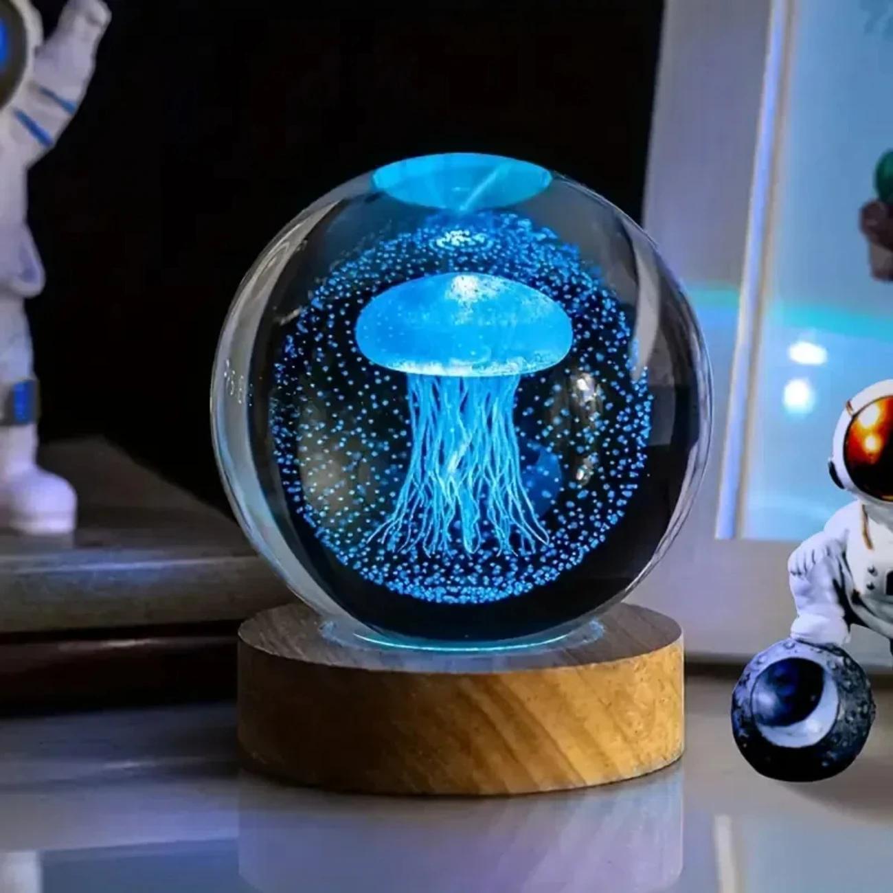 

3D Laser Jellyfish Crystal Glass Ball Night Light, Decorative Sphere Ornament for Bedroom Desk, Holiday Birthday Gift 2.36inch