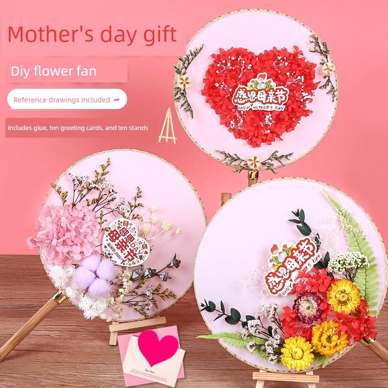 Chinese Style Dried Flower Fan DIY Material Kit for Children To Make Eternal Flower Ancient-Style Fan, Mother's Day Gift