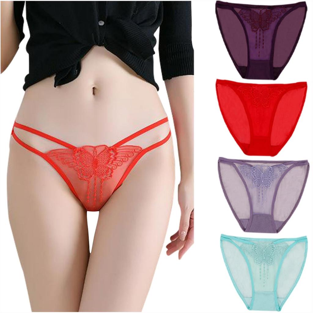 VATEIS Embroidered Lace Sexy Side Double String Women's Full-Back Panties, Sheer, Breathable, Lingerie, Strings, Straps, Underwear, Panties, 4-Pack