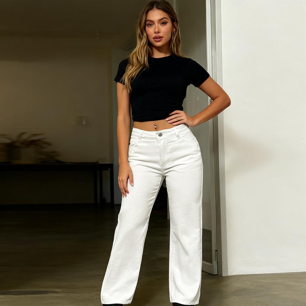 Damjeans med mellanhög stretch, trendiga raka denimbyxor med fickor