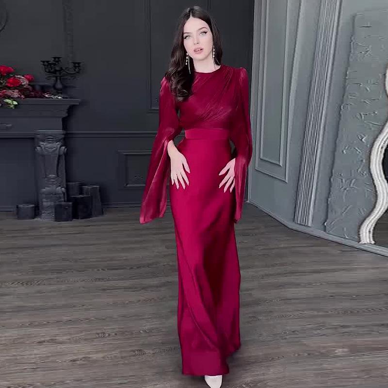 

2024 Літня Елегантна Європейська та Американська Жіноча Довга Сукня з Сітчастими Вставками XXL вина червоного кольору