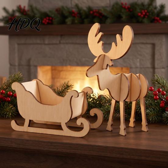 Festive Elk And Sleigh Model Wooden Christmas and Tabletop Ornament DIY Wood Art Craft