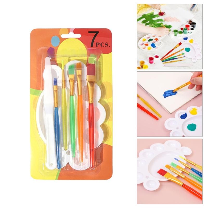 7Pcs Kids Paintbrush Palettes Smearing Tool Set, Toddler Watercolor Paint Brush and Flat Tip Craft Paint Brushes