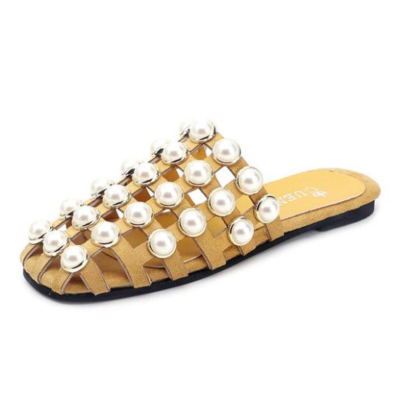 Summer Beach Sandals Shoes Pearl Sandals Thin Belt Flat Women Casual Flat Slippers Women
