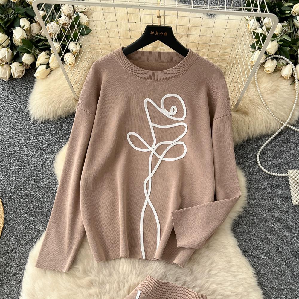Autumn Winter Women Flower Knitted Sweater Two Piece Set Full Sleeve Pullover Top and Long Midi Slim Bodycon Sheath Skirt Outfits