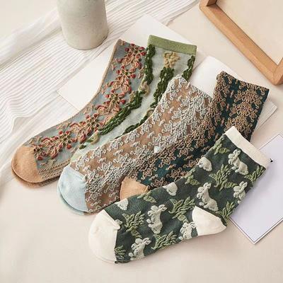 5/10 Paar Damen Baumwollsocken mit Blumenmuster, Vintage bestickte gemusterte Kniestrümpfe, Ethno-Stil, Knöchelsocken für Kleider
