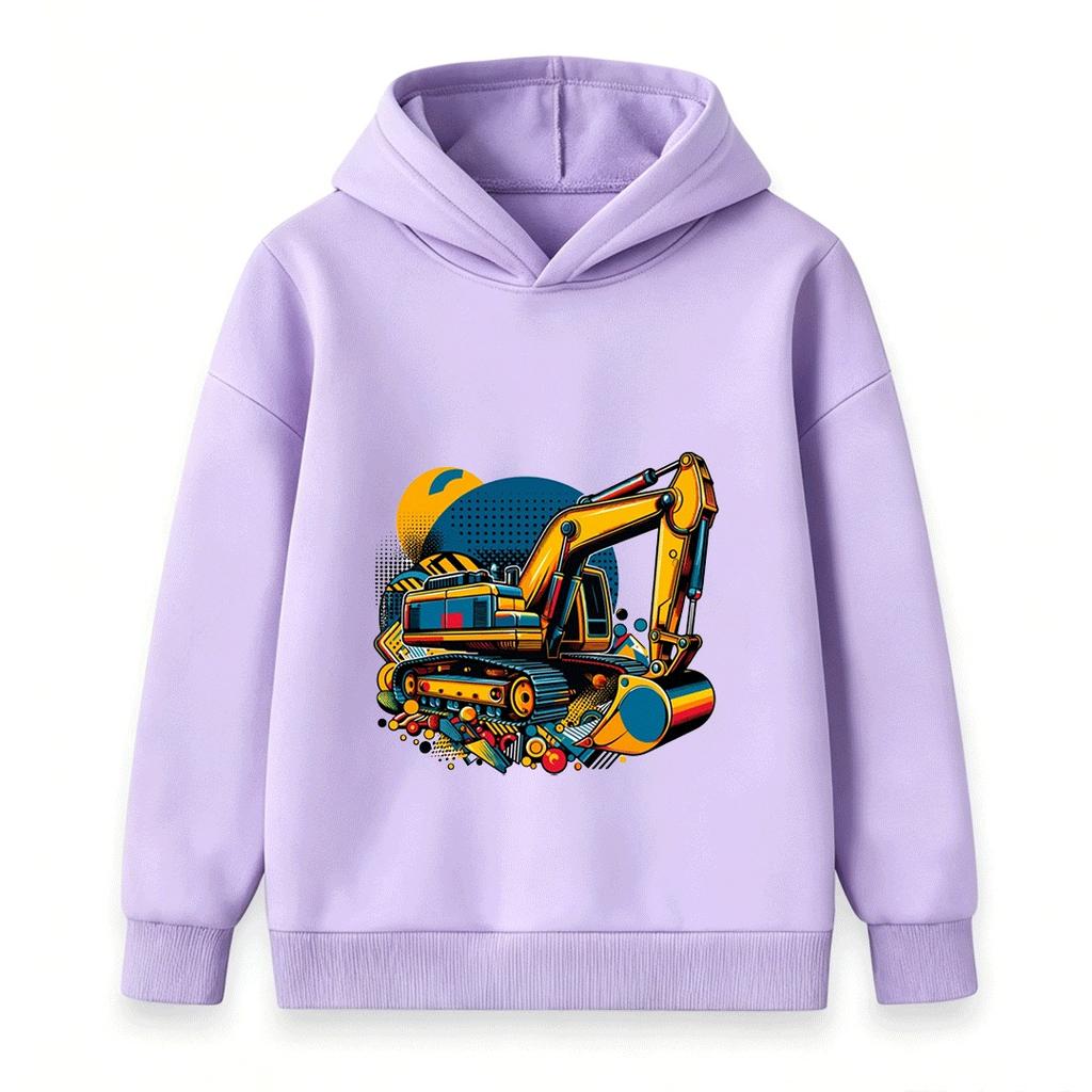 Kids Excavator Print Hoodie Sweatshirt, Cartoon Construction Vehicle Pullover for Boys Girls, Casual Long Sleeve Tops for Daily Wear