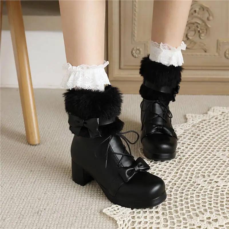 Cizme de zăpadă Japoneze Lo pentru femei 2025 Iarnă Pluș Gleznuțe Scurte Calde Lolita Tocuri Înalte Uniformă JK Cosplay Fată Kawaii Lolita Botas