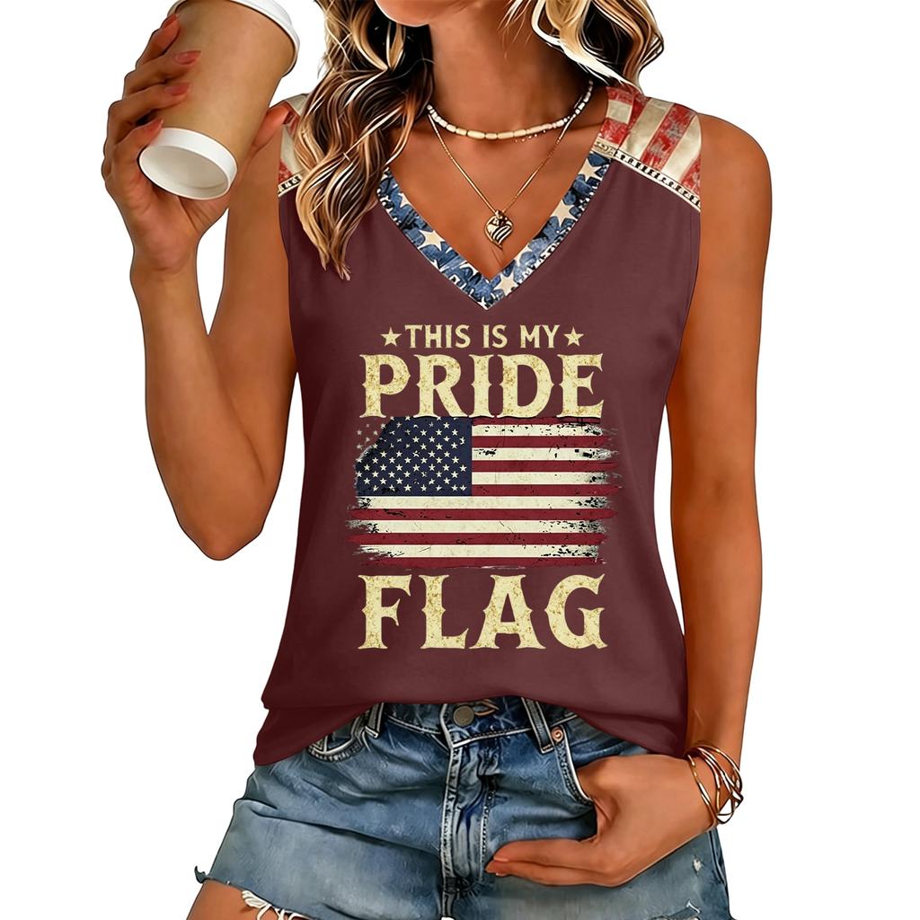 Women V Neck Casual Letter Print Short Sleeve T Shirt Top with Flag Graphic Comfortable Loose Fit Tee Shirt for Daily Wear