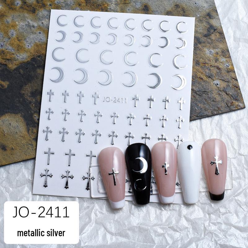 Metallic Silver Heart & Moon Nail Stickers - 3D Self-Adhesive Decals with Starburst and Cross Design