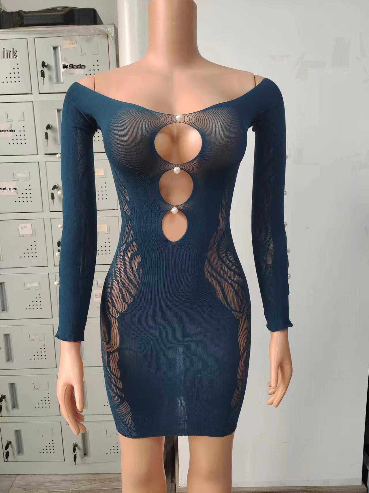 

Данай Плюс Сайз Сексуальное Облегающее Платье-Сетка с Деталью из Жемчуга и Длинными Рукавами с Открытыми Плечами One Size (White Card + OPP)