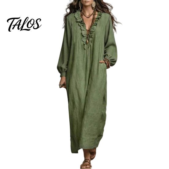 Dames lentejurken Ruches V-hals Lange jurk, Losse pasvorm Casual Midi Effen kleur Jurk Mouwen voor Herfst Vloeiend