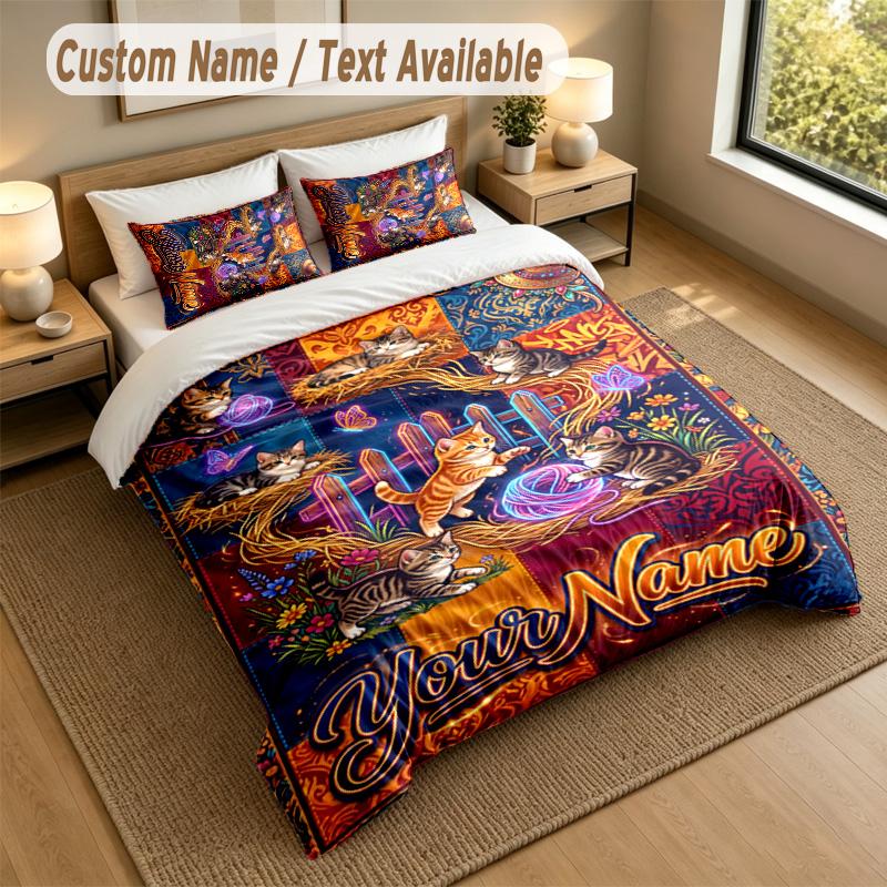 Cat Theme Personalized 3Pcs Bedding Set Custom Text & Name 1 Sheet 2 Pillowcases Household Bedding 1pc