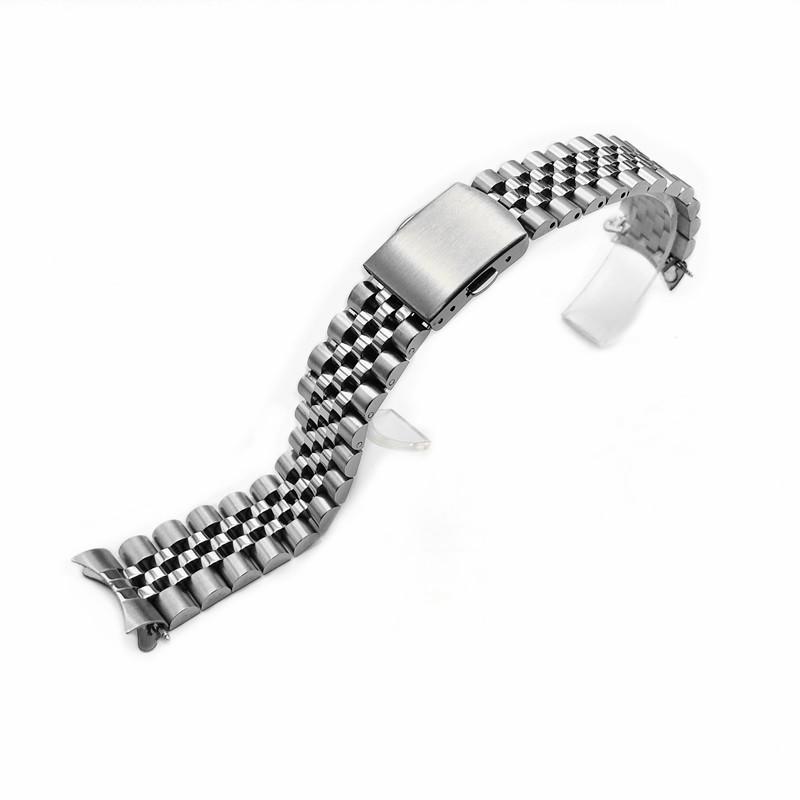 Universal Stainless Steel Bull Ring Watch Band with Curved Ends and Double Push Butterfly Clasp - 18/20/22mm