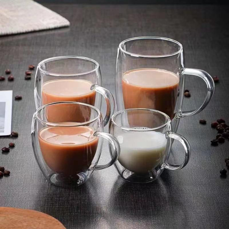 High Borosilicate Double-Walled Insulated Glass Cup with Handle - Heat-Resistant Coffee, Tea, or Juice Cup.