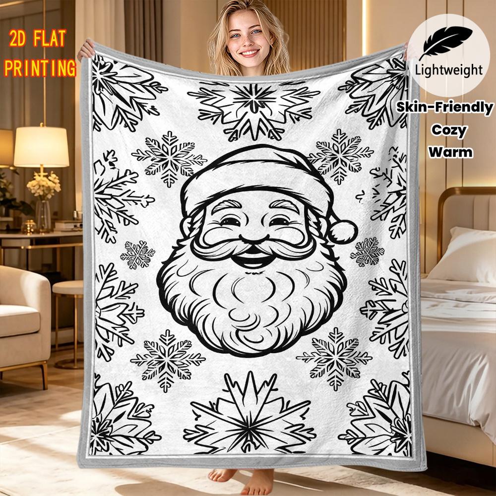 2D Flat Printing | 1pc Santa Claus Snowflake Colorable Flannel Blanket, Smiling Santa Surrounded by Large Snowflakes Line Art Artistic Print, Home Off
