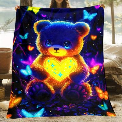 Leuchtendes Bärenherz Schmetterling Fleece-Decke Weiche Flanell-Kuscheldecke Bettwäsche Geschenk für Kinder Jugendliche Tierliebhaber Heimdekoration Kunst