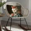 2D Flat- # Victorian Royal Cat Throw Pillow Cover, Elegant Floral Decorative Pillow Case For Sofa Bedroom Living Room