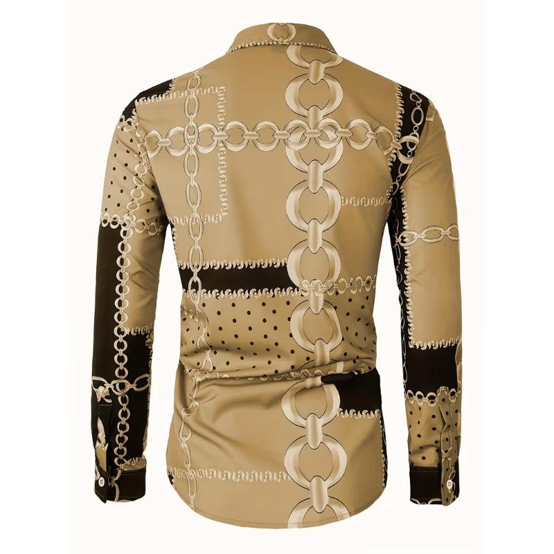 Spring Autumn New Men Long Sleeve 100% Polyester Shirt Tops Chain Pattern 3D Digital Print Business Casual Shirt