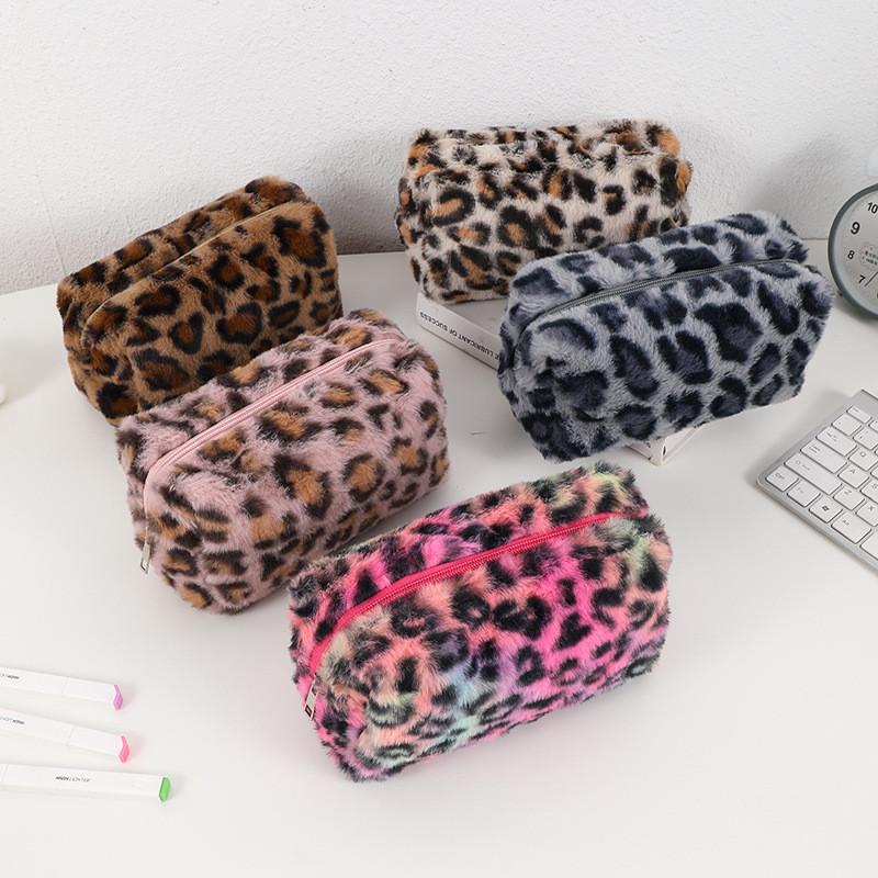 Plush Leopard Print Makeup Bag Large Capacity Travel Organizer For Women