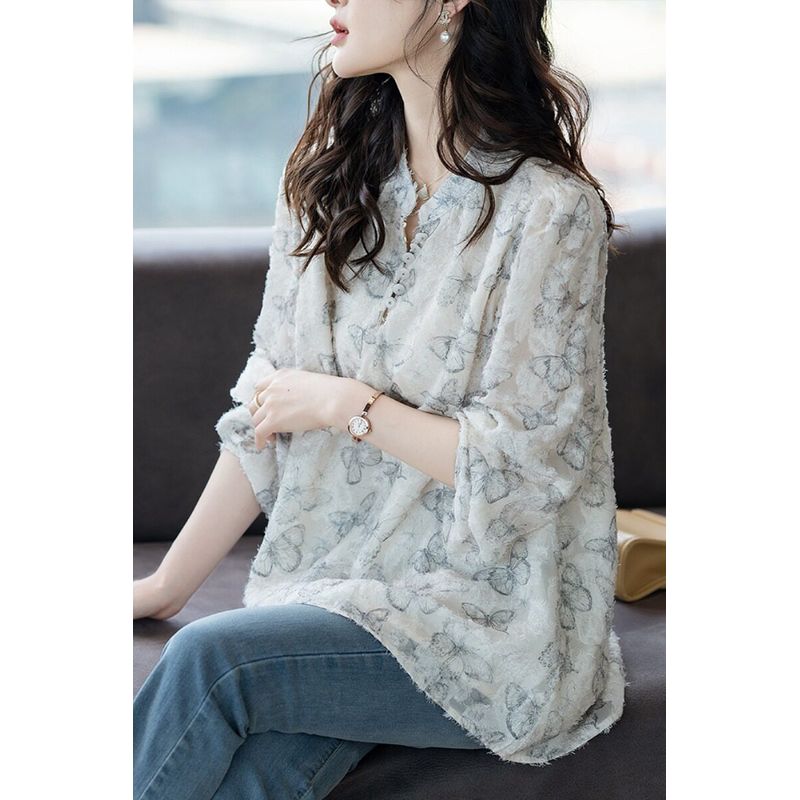 New Chinese Butterfly Fashion National Style Stand Collar Shirt Ink Painting Light beige S