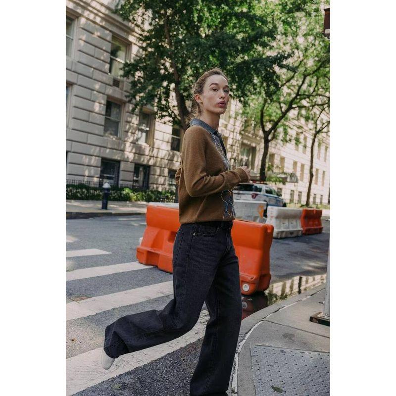 Za New Fall Women's Clothing 2025 Fashion Style Diamond Long Sleeves Lapel Knitting Polo Shirt 2142223 730