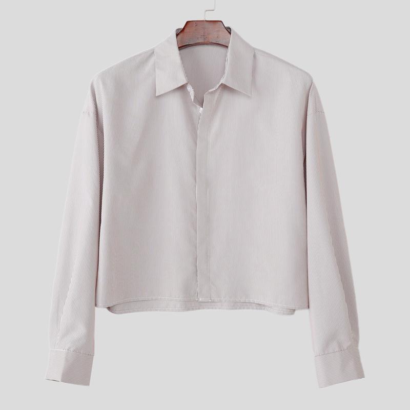 

INCERUN Oversized Men Casual Loose Long Sleeve Striped Print Short Shirts Tops 5XL хаки