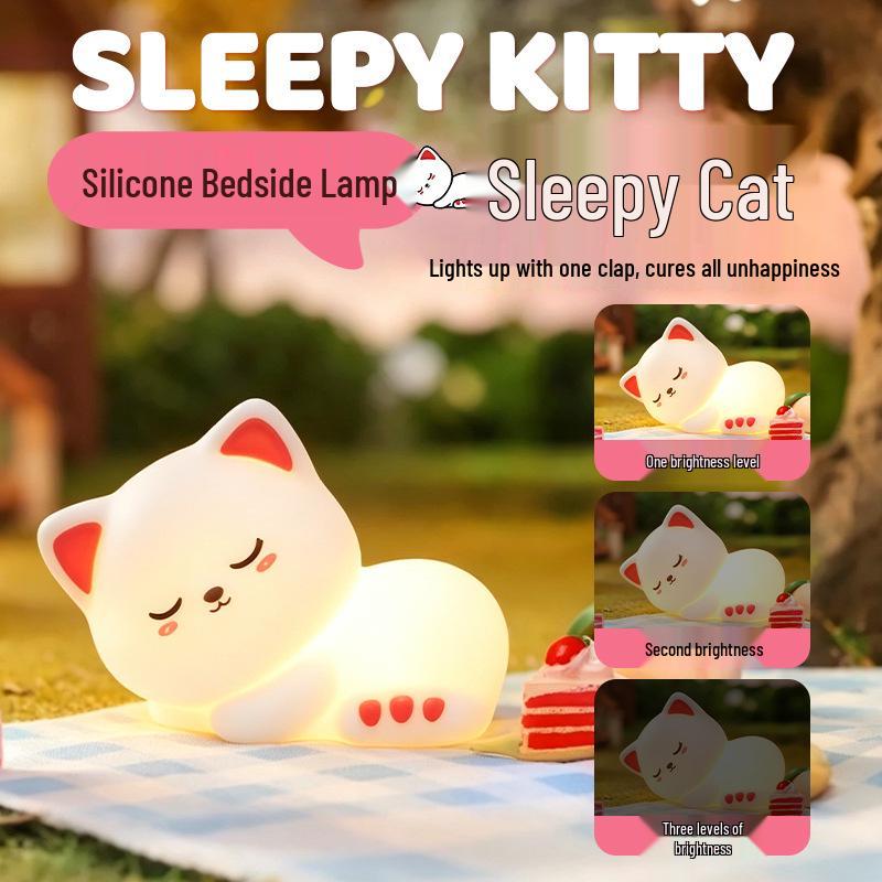 Schläfrige Katze Silikon-Nachtlicht - Weiches Licht, Augenschonend, Tipp-Steuerung, Timer-fähig Schlafzimmer-Begleiter.