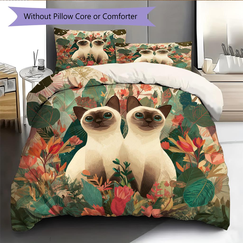 Siamese Cat and Plants Pattern Bedding Home Decoration Birthday Gift (1 * Duvet Cover + 2 * Pillowcase, Without Core)