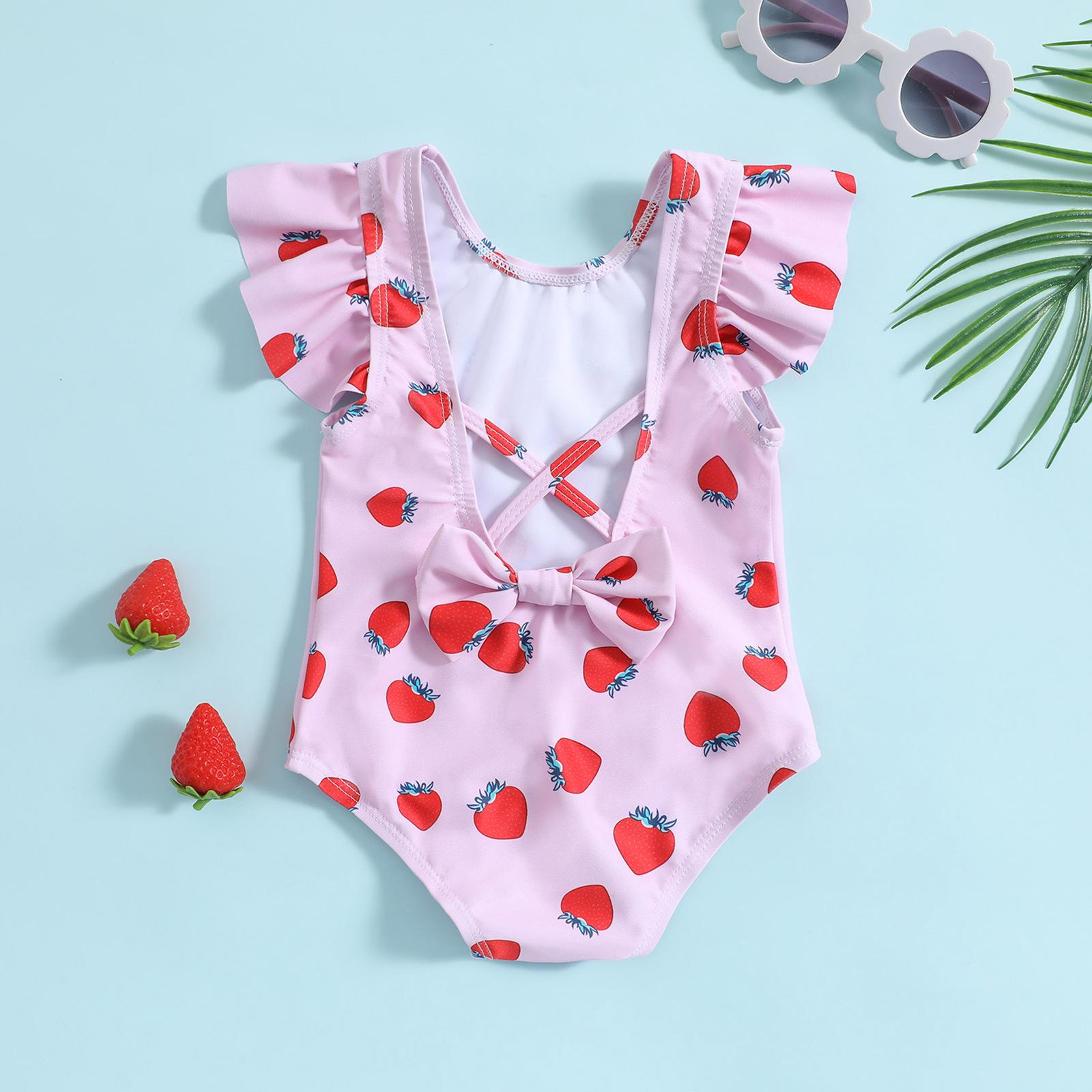 

Strawberry Print Backless Bowknot Girls One-Piece Swimsuit 130