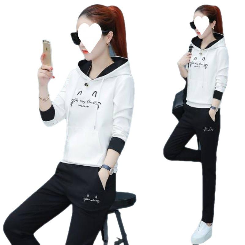 Embroidered Hooded Autumn Casual Sports Suit for Women Korean Style Loose Long-sleeved Student Two-piece Set