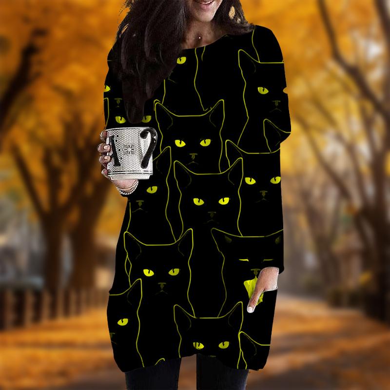 

Новинка осени Холодное сердце Кошка Принт Плюс Размер Платье Женщин О-образным Вырезом Длинные Рукава Повседневные Карманные Платья 6XL